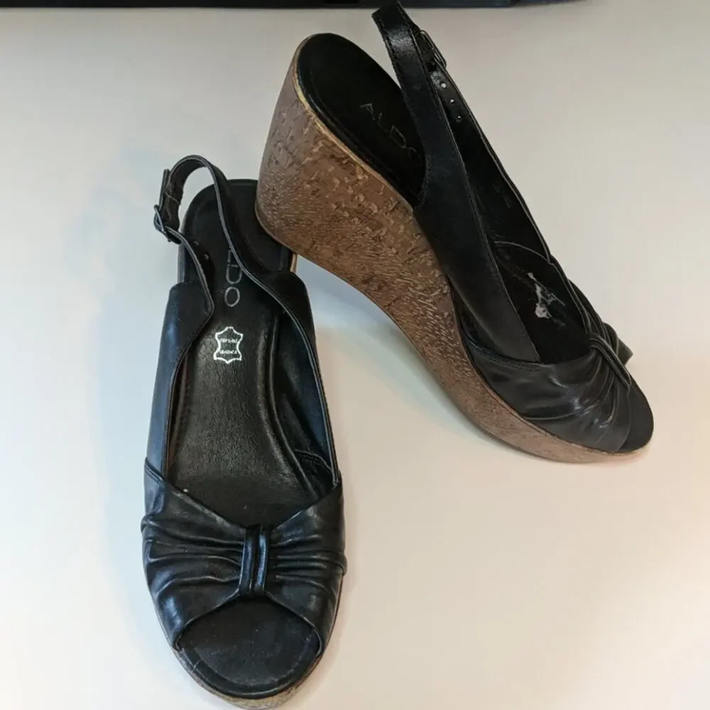 ALDO Black Wedge Peep Toe Slingback Sandals 39